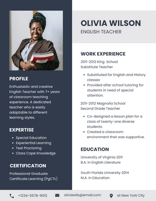 Free  Template: Navy And White Modern Clean English Teacher Resume
