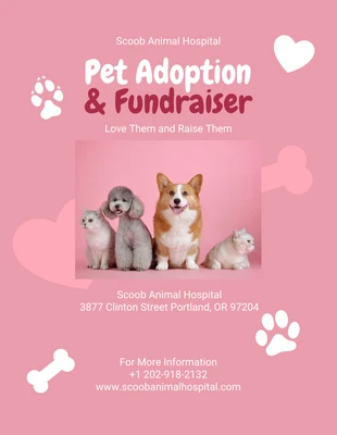 Free  Template: Flyer Adopción de mascotas y recaudación de fondos con ilustración simple rosa