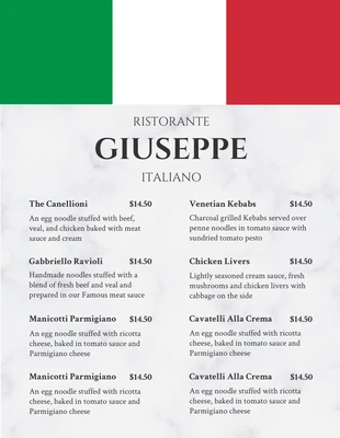 Free  Template: قائمة مطعم إيطالي شريطي حديث باللونين الأبيض والأحمر