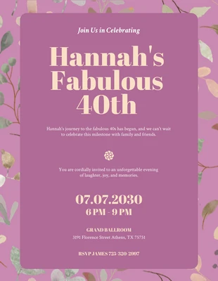 Free  Template: دعوة عيد ميلاد الأربعين من الأزهار الوردية