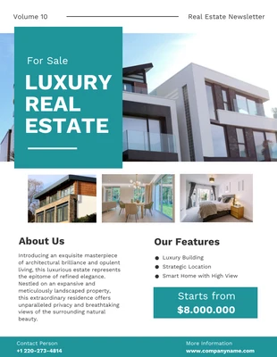 Free  Template: Teal and White Minimalist Real Estate Newsletter