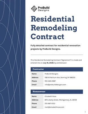 Free  Template: Plantilla de contrato de remodelación residencial