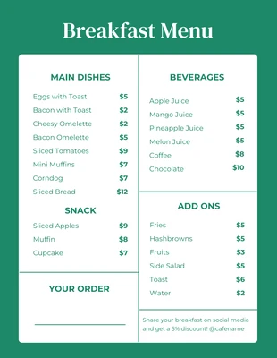 Free  Template: Menú de desayuno minimalista verde y blanco