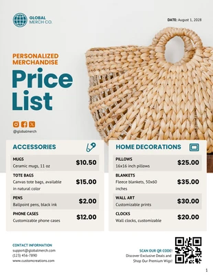 business  Template: Personalized Merchandise Price List