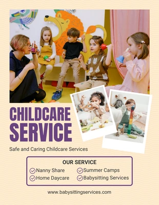 Free  Template: نشرة خدمة رعاية أطفال بسيطة باللون الأصفر الفاتح