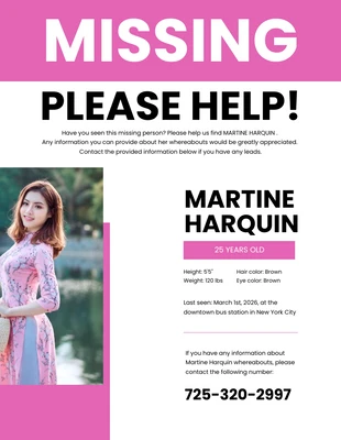 Free  Template: Pink and White Missing Person Poster