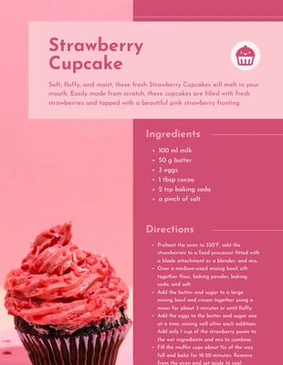 Free  Template: Rosa moderne Erdbeer-Cupcake-Rezeptkarten