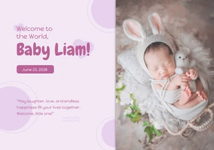 Free  Template: Carte de bienvenue violette simple pour bébé