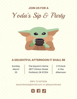 Free  Template: Convite para festa do chá de Star Wars com ilustração moderna em bege e marrom Yoda