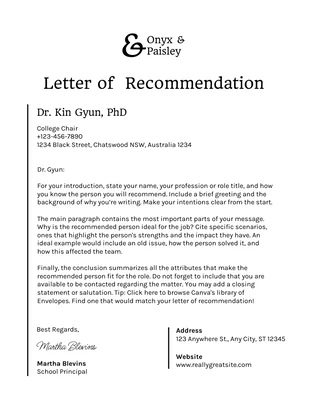 Free  Template: White And Black Clean Professional Recommendation Letters
