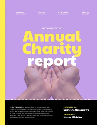 Free  Template: Relatório de caridade de comida pastel roxo e amarelo