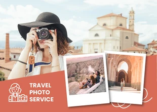 Free  Template: Cartão postal de viagem com serviço de foto polaroid simples, laranja e branco