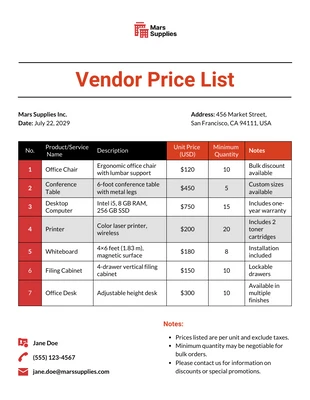 Free  Template: Plantilla de lista de precios del proveedor