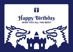 Free  Template: Cartão postal de aniversário de castelo com ilustração clássica lúdica em branco e marinho