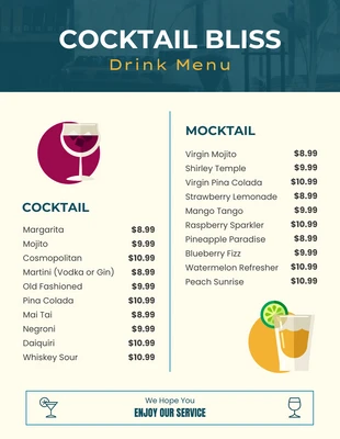 Free  Template: Menu de cocktails crème et vert illustratif simple
