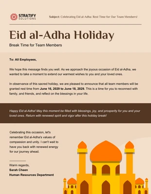 premium  Template: Tiempo de descanso para los miembros del equipo: boletín informativo por correo electrónico de Eid al-Adha