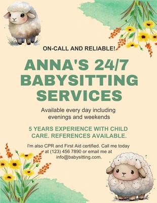 Light Yellow And Green Cute Watercolor Babysitting Service Flyer