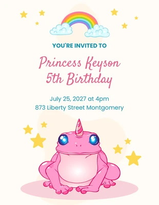 Free  Template: Convite de princesa sapo bege, fofo, lúdico, colorido e com ilustração