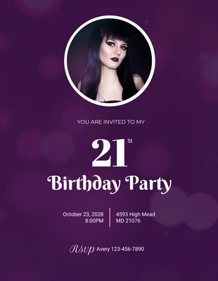 Free  Template: Convite de aniversário de 21 anos simples e elegante roxo escuro
