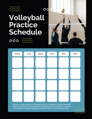 Free  Template: Noir Modèle simple de calendrier d'entraînement pour le volley-ball