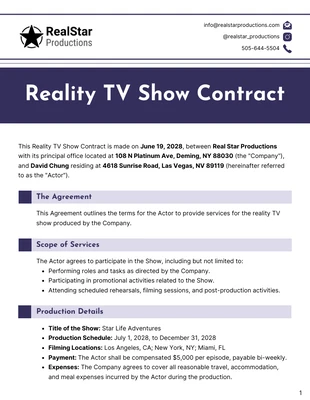 Free  Template: Modèle de contrat d'émission de télé-réalité