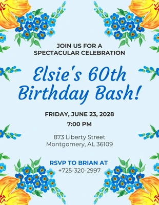 Free  Template: Invitación Fiesta de cumpleaños número 60 floral estética azul bebé