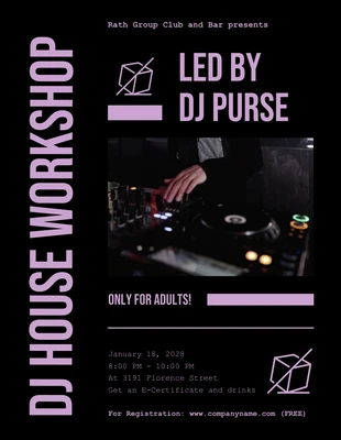 Free  Template: Folheto de workshop de DJ moderno em roxo e preto