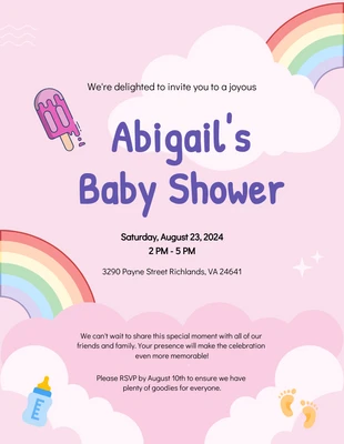 Free  Template: Invito per la doccia per bambini arcobaleno rosa pastello