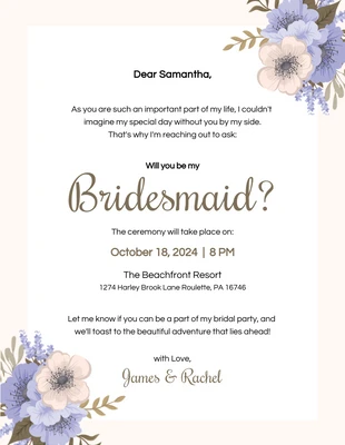 Free  Template: Cream And Purple Floral Bridesmaid Invitation