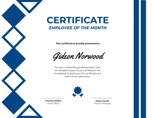 premium  Template: Certificado de Funcionário do Mês Geométrico Branco e Azul