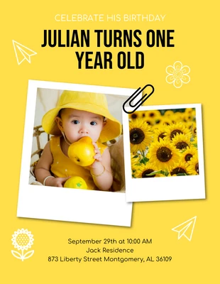 Free  Template: Convite de 1º aniversário de bebê com foto polaroid minimalista moderna em amarelo e branco