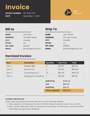 business  Template: Facture commerciale simple en or noir