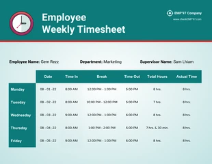 Free  Template: Hoja de horas semanal del empleado