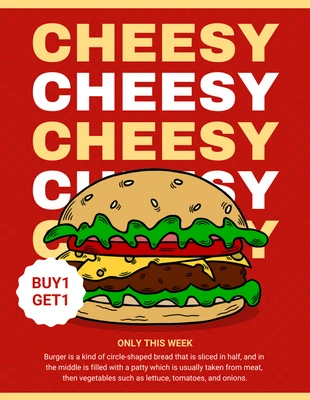 Free  Template: Ilustração moderna em vermelho e amarelo Folheto de hambúrguer com queijo