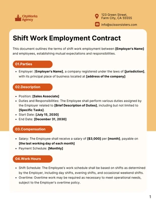 Free  Template: Shift Work Employment Contract Template