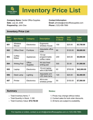 Free  Template: Plantilla de lista de precios de inventario