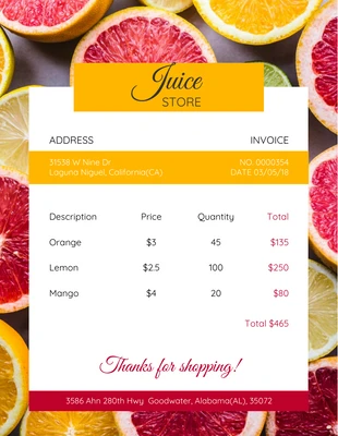 Free  Template: Juice Store Invoice