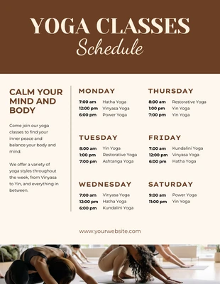 Free  Template: Modèle d'affiche de l'horaire des cours de yoga marron et crème