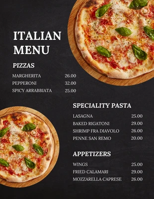Free  Template: Menú de comida de restaurante italiano de textura moderna negra