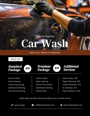 premium  Template: Liste de prix de lavage de voiture marron foncé