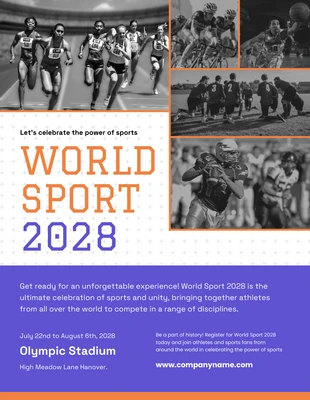 Free  Template: ملصق الاحتفال باللون البرتقالي والبنفسجي للرياضة العالمية 2028