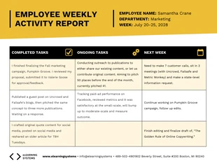 premium  Template: مثال على تقرير النشاط الأسبوعي للموظف باللون الأصفر
