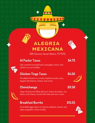 premium  Template: Grünes und rotes minimalistisches mexikanisches Menü
