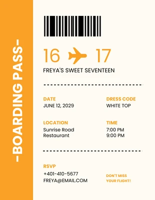 Free  Template: Carta convite de cartão de embarque creme laranja