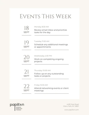 Free  Template: Beige Minimalist Business Week Schedule Template (Modèle d'emploi du temps hebdomadaire pour les entreprises)