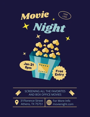 Free  Template: Flyer moderno azul oscuro y amarillo para una noche de cine