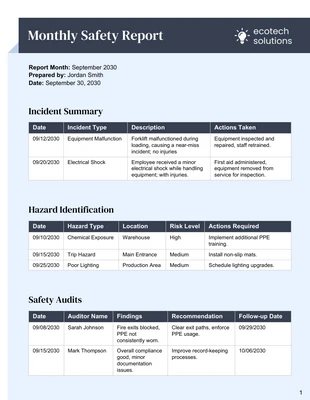 Free  Template: Monthly Safety Report Template