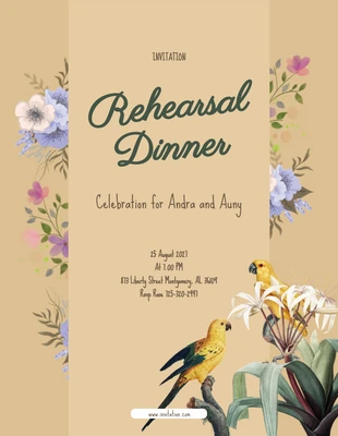 Free  Template: Invitación a la cena de ensayo con pájaros marrones y amarillos