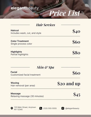 Free  Template: Listas de precios de salón de belleza beige profesional simple