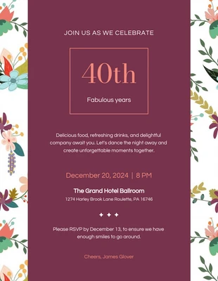 Free  Template: Invitación al 40 cumpleaños floral granate